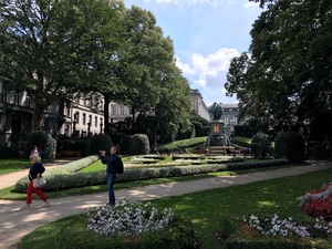 A man photographs a small formal garden in Brussels with trimmed hedges, flower beds, and shade trees