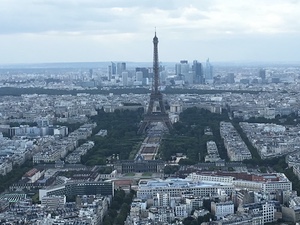 Aerial view of the Eiffel Tower and the green lawns of the Champ de Mars amid dense Paris rooftops