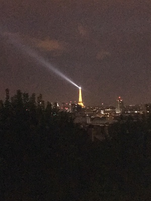 The Eiffel Tower glowing at night, its searchlight beam sweeping over dark treetops