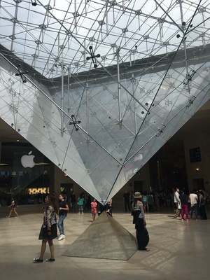 The inverted glass pyramid hanging above shoppers in the underground mall beneath the Louvre