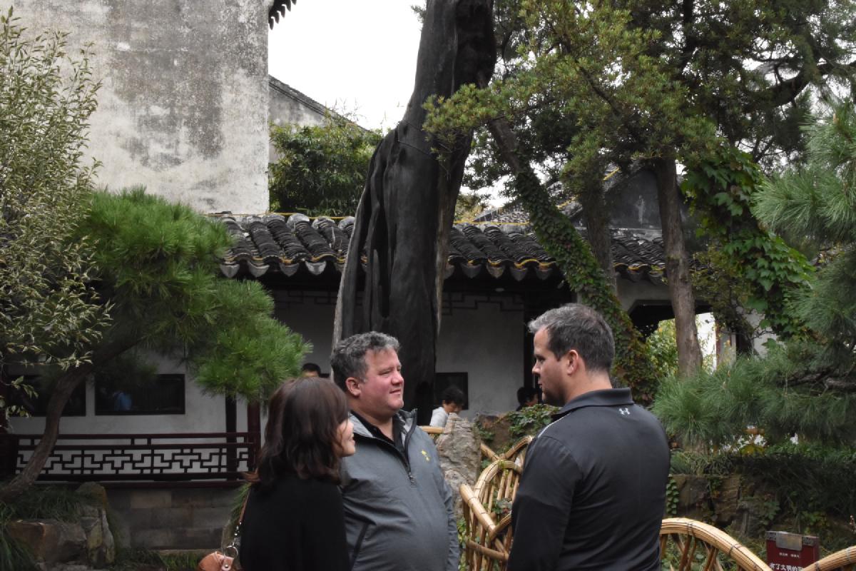 Three people stand talking in a Chinese garden courtyard beneath a split old tree trunk, with tiled roofs and pines behind them