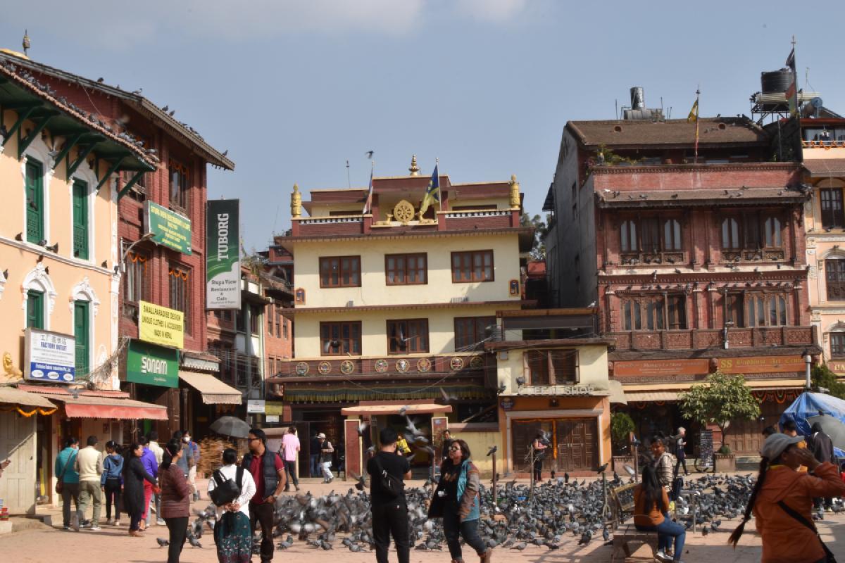 Storefronts and a monastery building with golden dharma wheel ring the pigeon-filled plaza around Boudhanath in Kathmandu
