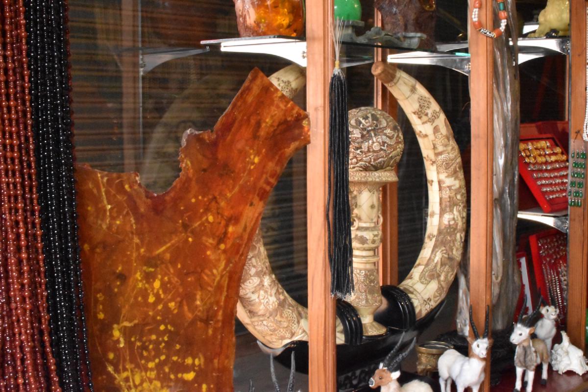 Kathmandu curio shop display of carved tusks, bead strands, an amber slab, and small animal figurines behind glass